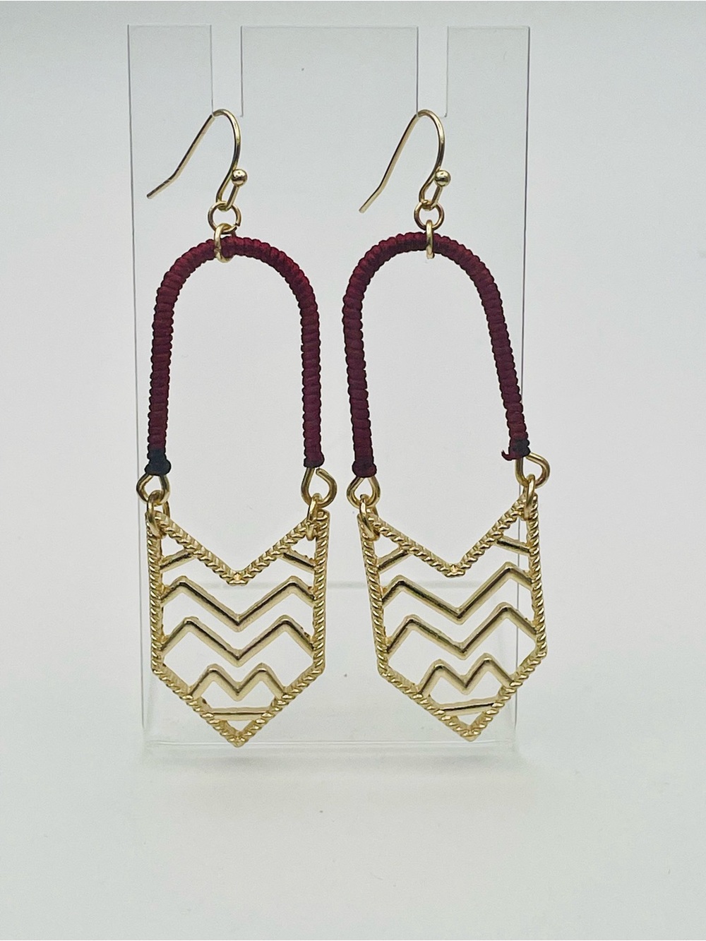 Gold Chevron Drop Dangle Earrings with Burgundy Cord